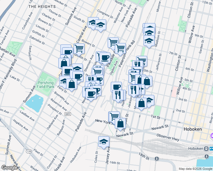 map of restaurants, bars, coffee shops, grocery stores, and more near 220 Ogden Avenue in Jersey City