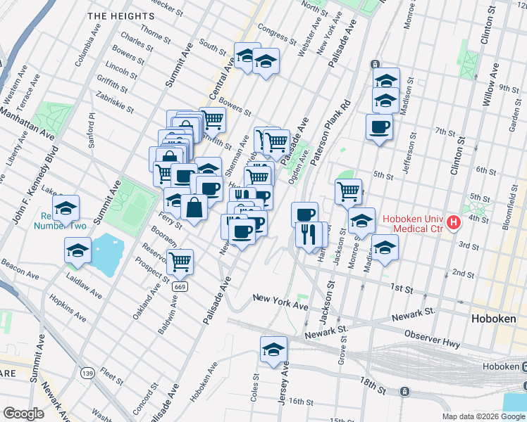 map of restaurants, bars, coffee shops, grocery stores, and more near 398 Palisade Avenue in Jersey City