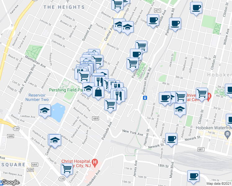 map of restaurants, bars, coffee shops, grocery stores, and more near 63 Franklin Street in Jersey City