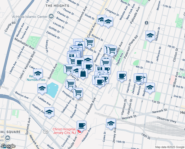 map of restaurants, bars, coffee shops, grocery stores, and more near 63 Franklin Street in Jersey City