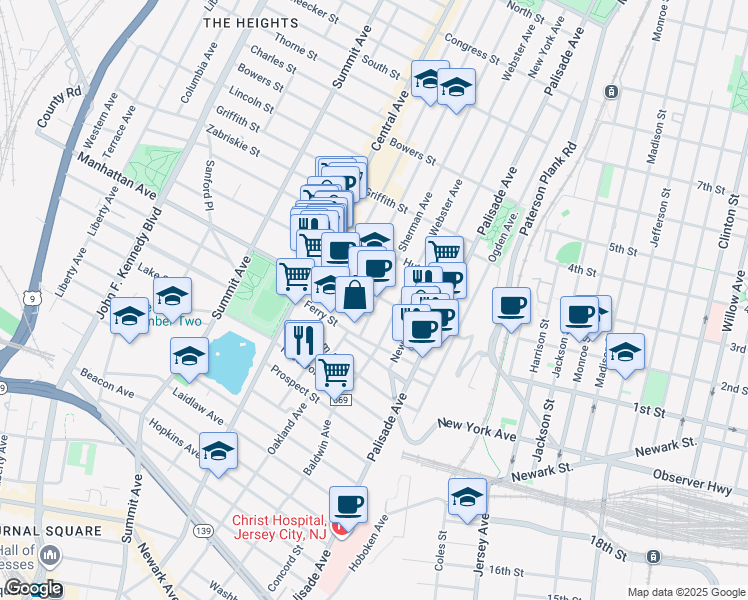 map of restaurants, bars, coffee shops, grocery stores, and more near 19 Sherman Avenue in Jersey City