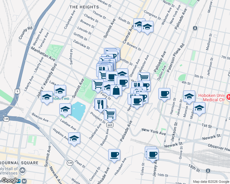 map of restaurants, bars, coffee shops, grocery stores, and more near 19 Sherman Avenue in Jersey City
