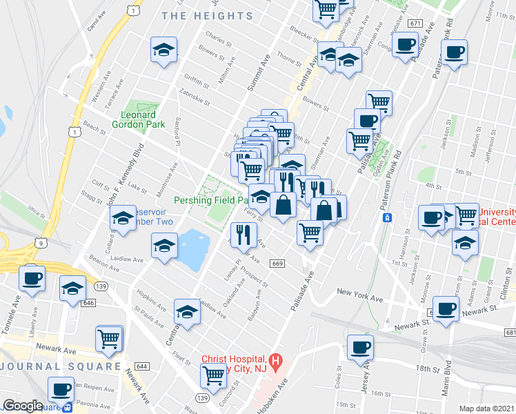 map of restaurants, bars, coffee shops, grocery stores, and more near 100 Ferry Street in Jersey City