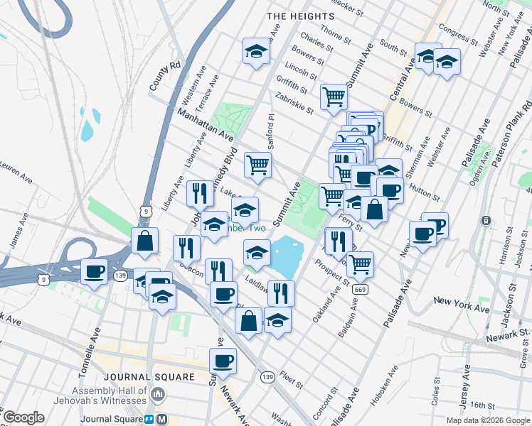 map of restaurants, bars, coffee shops, grocery stores, and more near 21 Troy Street in Jersey City