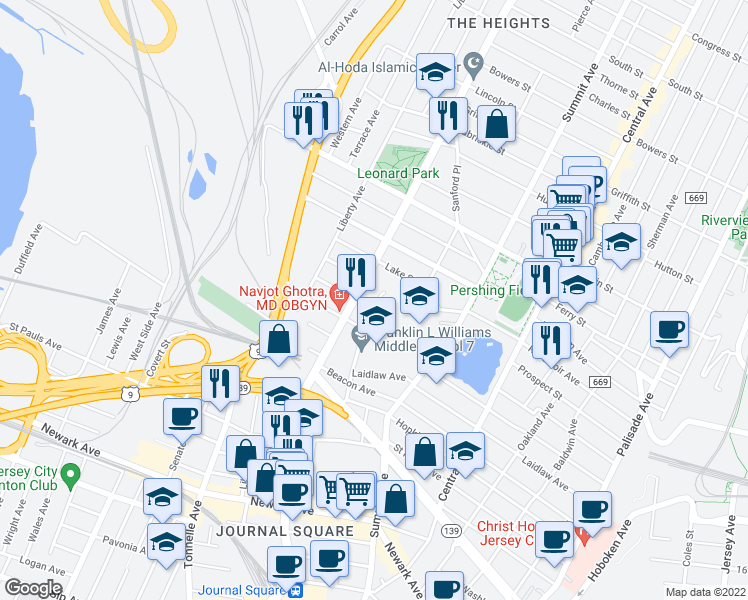 map of restaurants, bars, coffee shops, grocery stores, and more near 101 Collard Street in Jersey City