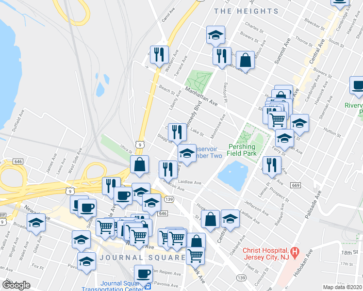 map of restaurants, bars, coffee shops, grocery stores, and more near 101 Collard Street in Jersey City
