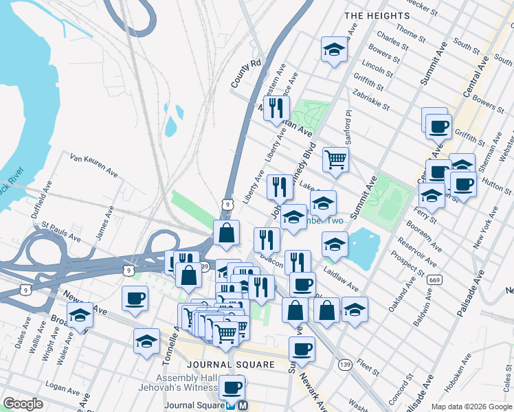map of restaurants, bars, coffee shops, grocery stores, and more near 3181 John F. Kennedy Boulevard in North Bergen