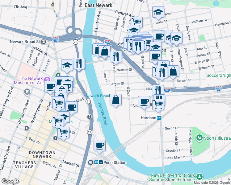 map of restaurants, bars, coffee shops, grocery stores, and more near 13 Railroad Avenue in Harrison