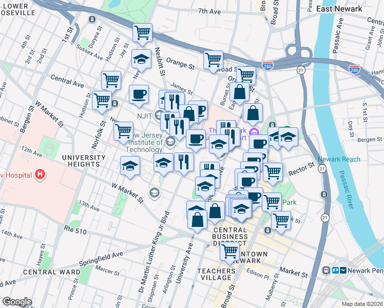 map of restaurants, bars, coffee shops, grocery stores, and more near 360 Doctor Martin Luther King Junior Boulevard in Newark