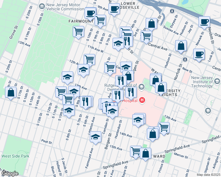 map of restaurants, bars, coffee shops, grocery stores, and more near 158 Littleton Avenue in Newark