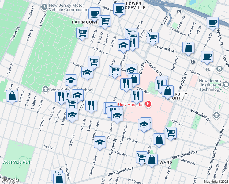 map of restaurants, bars, coffee shops, grocery stores, and more near 158 Littleton Avenue in Newark