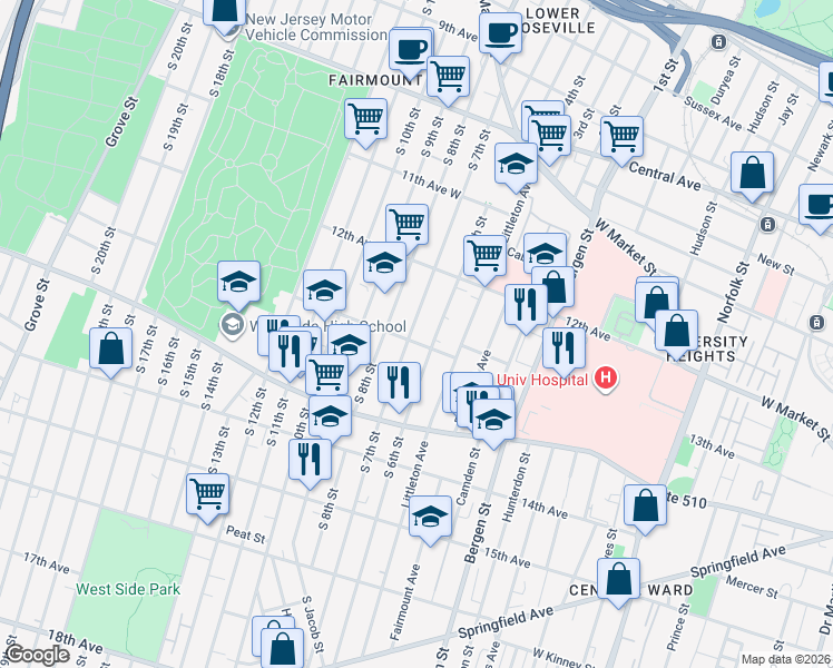 map of restaurants, bars, coffee shops, grocery stores, and more near 184 South 6th Street in Newark