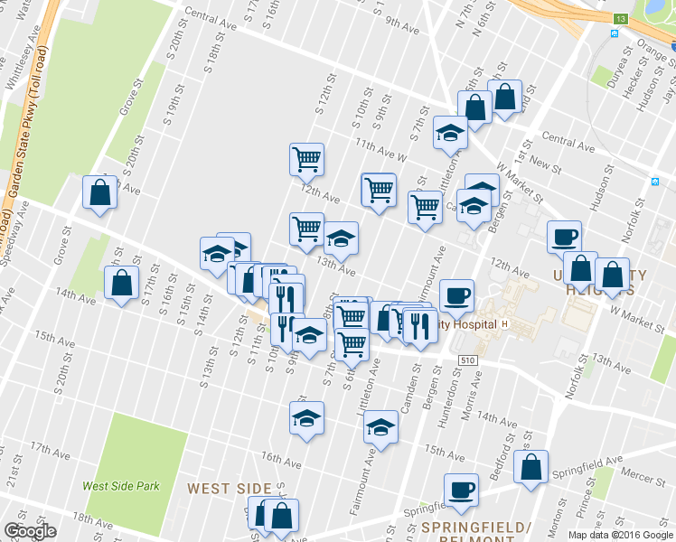 map of restaurants, bars, coffee shops, grocery stores, and more near 223 South 7th Street in Newark