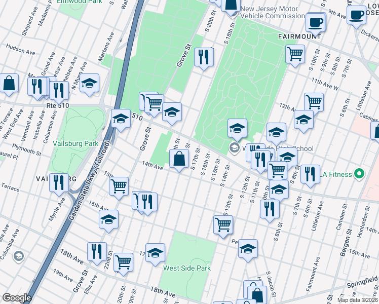 map of restaurants, bars, coffee shops, grocery stores, and more near 445 South 18th Street in Newark