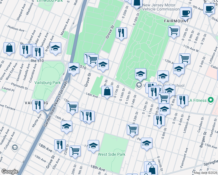 map of restaurants, bars, coffee shops, grocery stores, and more near 445 South 18th Street in Newark