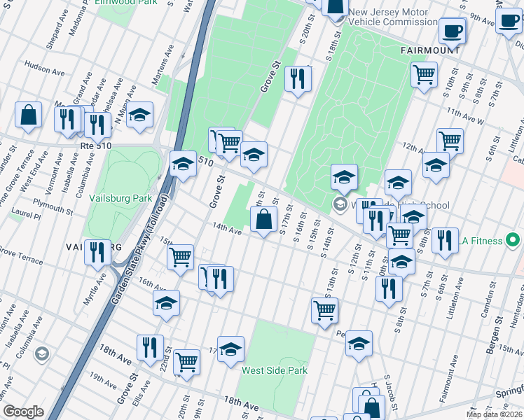 map of restaurants, bars, coffee shops, grocery stores, and more near 445 South 18th Street in Newark