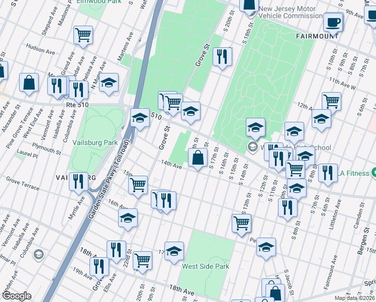 map of restaurants, bars, coffee shops, grocery stores, and more near 457 South 19th Street in Newark