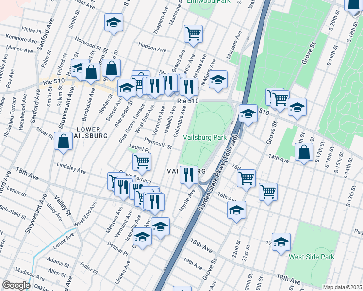 map of restaurants, bars, coffee shops, grocery stores, and more near 95 South Munn Avenue in Newark