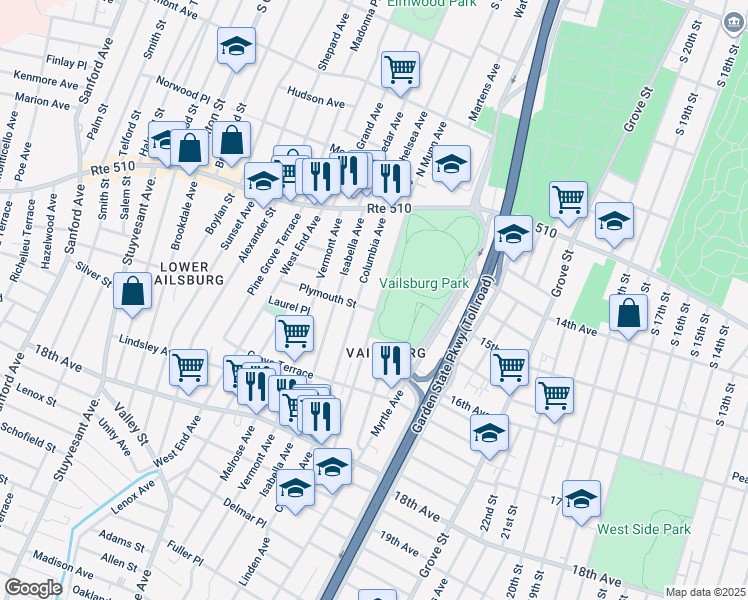 map of restaurants, bars, coffee shops, grocery stores, and more near 100 Columbia Avenue in Newark