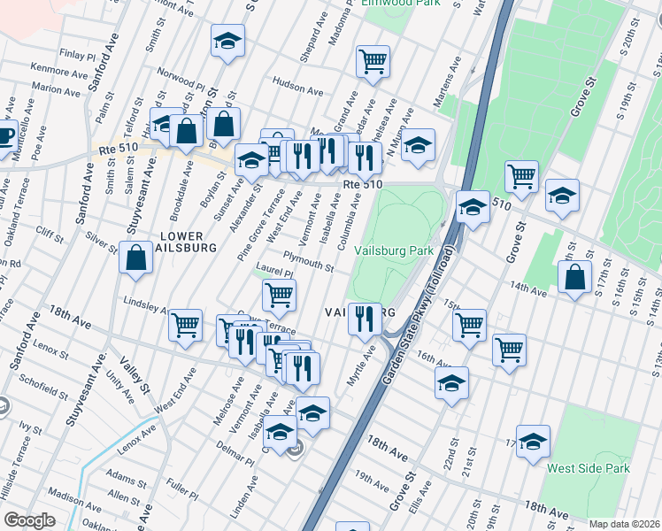 map of restaurants, bars, coffee shops, grocery stores, and more near 100 Columbia Avenue in Newark