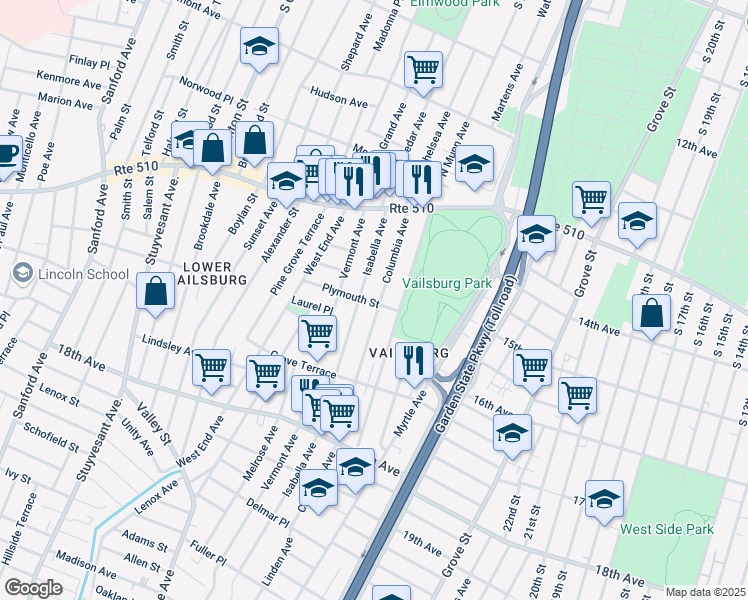 map of restaurants, bars, coffee shops, grocery stores, and more near 100 Columbia Avenue in Newark