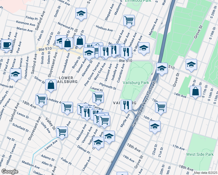 map of restaurants, bars, coffee shops, grocery stores, and more near 105 Isabella Avenue in Newark