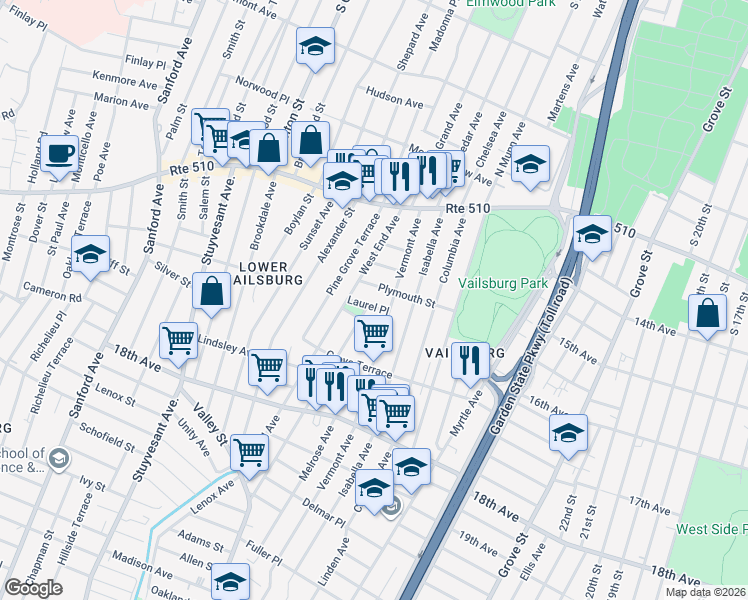 map of restaurants, bars, coffee shops, grocery stores, and more near 10 Carolina Avenue in Newark