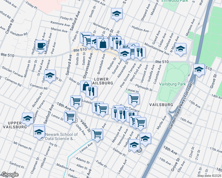 map of restaurants, bars, coffee shops, grocery stores, and more near 126 Alexander Street in Newark