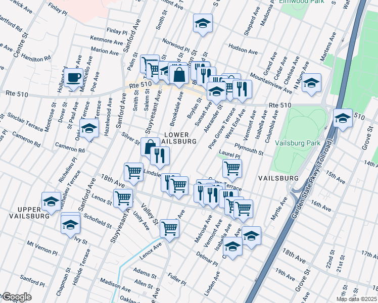 map of restaurants, bars, coffee shops, grocery stores, and more near 126 Alexander Street in Newark