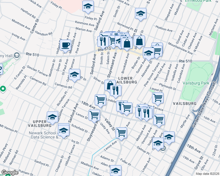 map of restaurants, bars, coffee shops, grocery stores, and more near 145 Brookdale Avenue in Newark