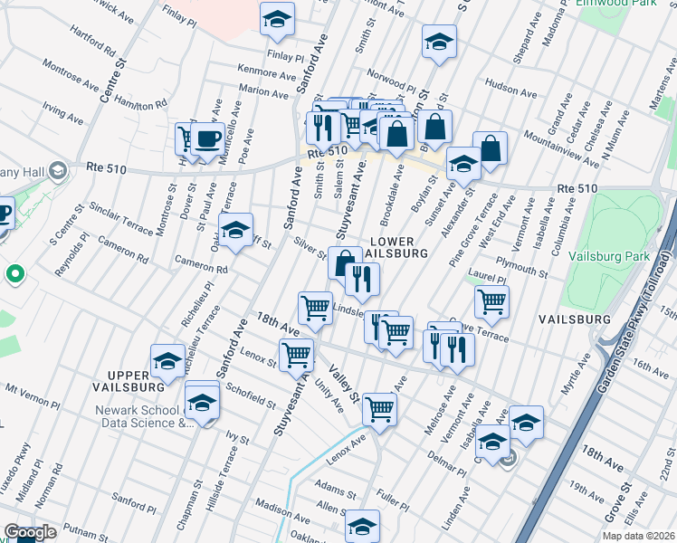 map of restaurants, bars, coffee shops, grocery stores, and more near 133 Stuyvesant Avenue in Newark