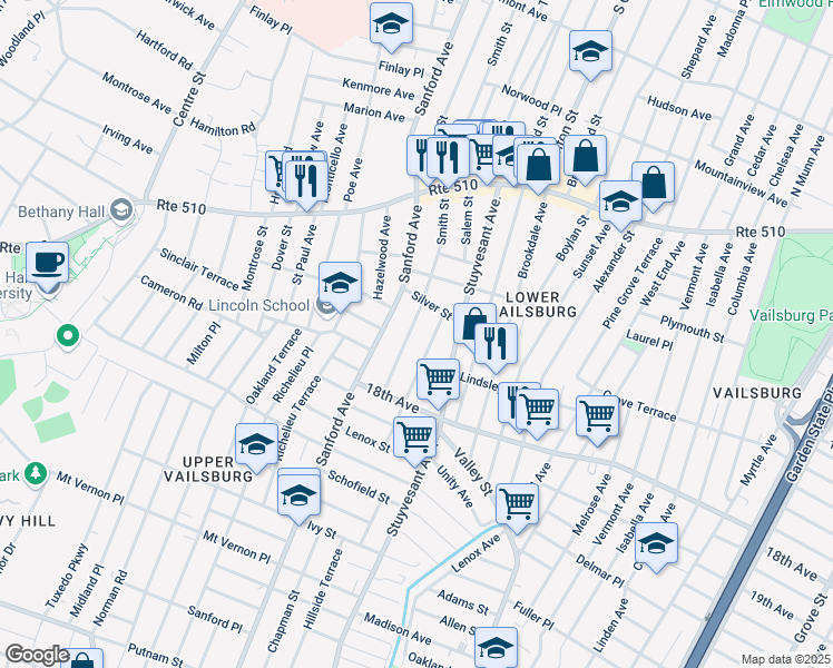 map of restaurants, bars, coffee shops, grocery stores, and more near 39 Mead Street in Newark