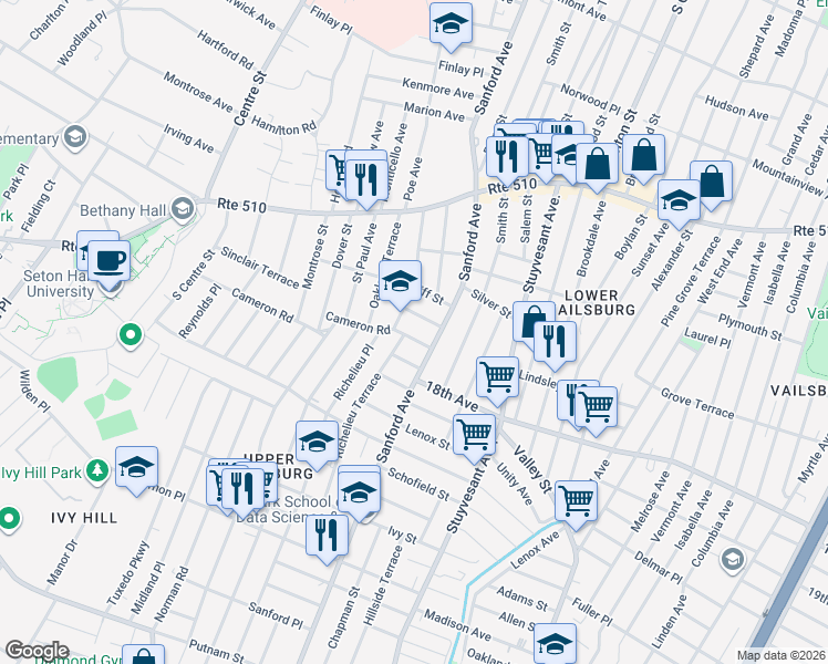 map of restaurants, bars, coffee shops, grocery stores, and more near 116 Richelieu Terrace in Newark