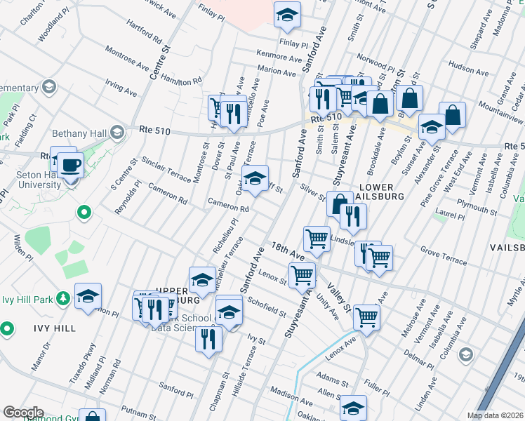 map of restaurants, bars, coffee shops, grocery stores, and more near 116 Richelieu Terrace in Newark
