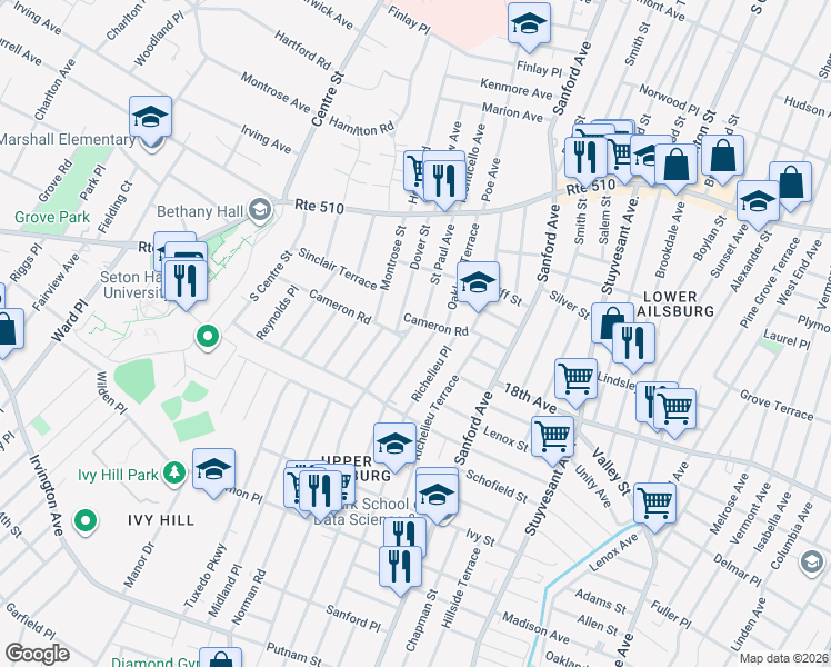 map of restaurants, bars, coffee shops, grocery stores, and more near 30 Eastern Parkway in Newark