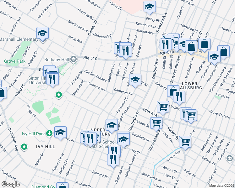 map of restaurants, bars, coffee shops, grocery stores, and more near 30 Eastern Parkway in Newark