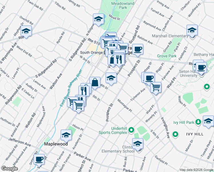 map of restaurants, bars, coffee shops, grocery stores, and more near 209 Academy Street in South Orange