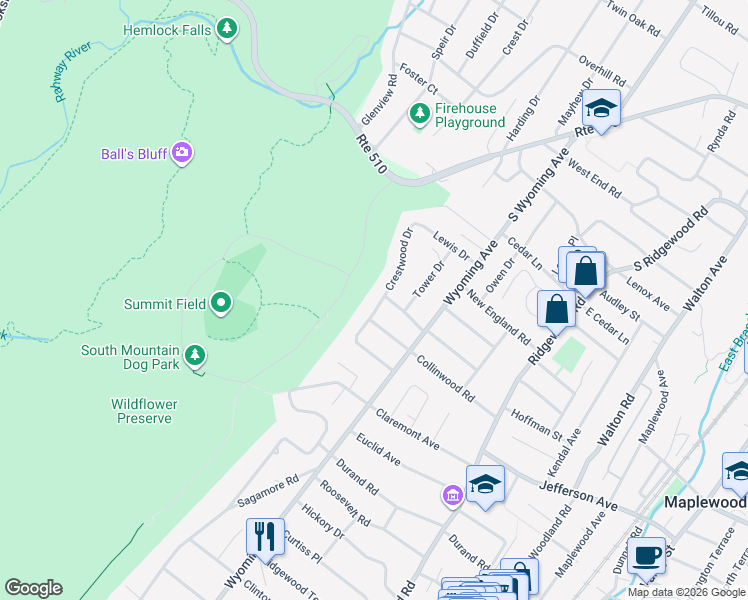 map of restaurants, bars, coffee shops, grocery stores, and more near 63 Collinwood Road in Maplewood