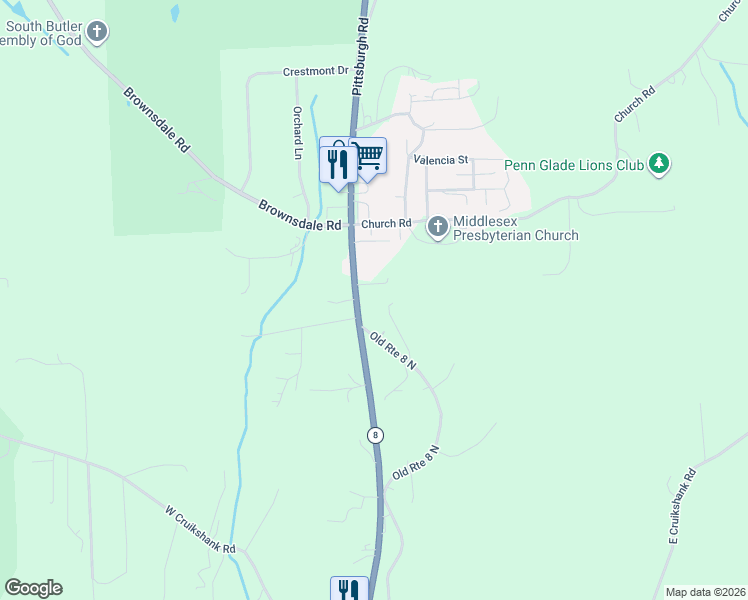 map of restaurants, bars, coffee shops, grocery stores, and more near 6303 Old Route 8 North in Butler