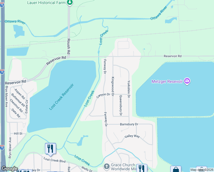 map of restaurants, bars, coffee shops, grocery stores, and more near 814 Fenway Drive in Lima