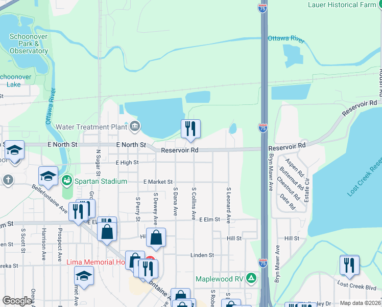 map of restaurants, bars, coffee shops, grocery stores, and more near 1520 East High Street in Lima