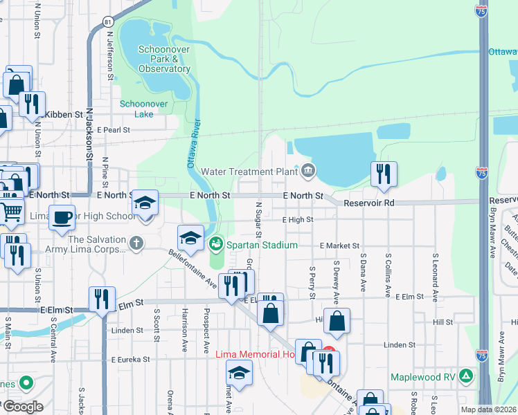 map of restaurants, bars, coffee shops, grocery stores, and more near 939-953 E High St in Lima