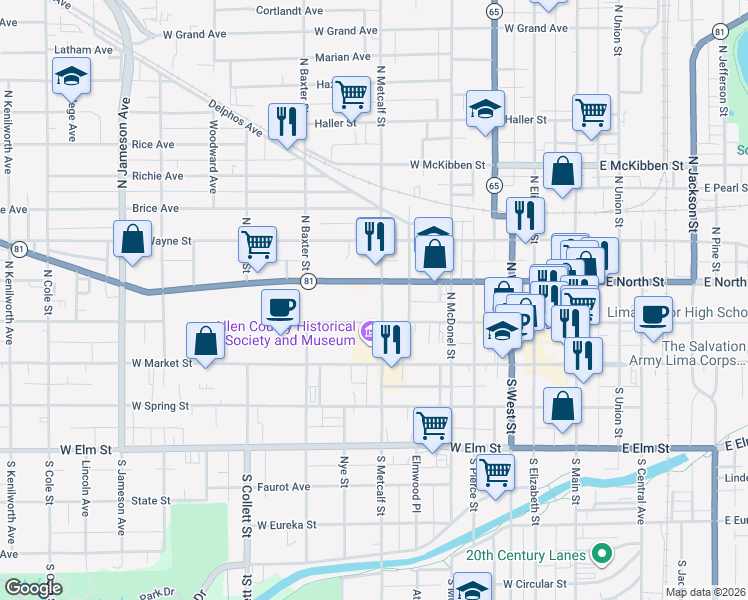 map of restaurants, bars, coffee shops, grocery stores, and more near 714 West High Street in Lima