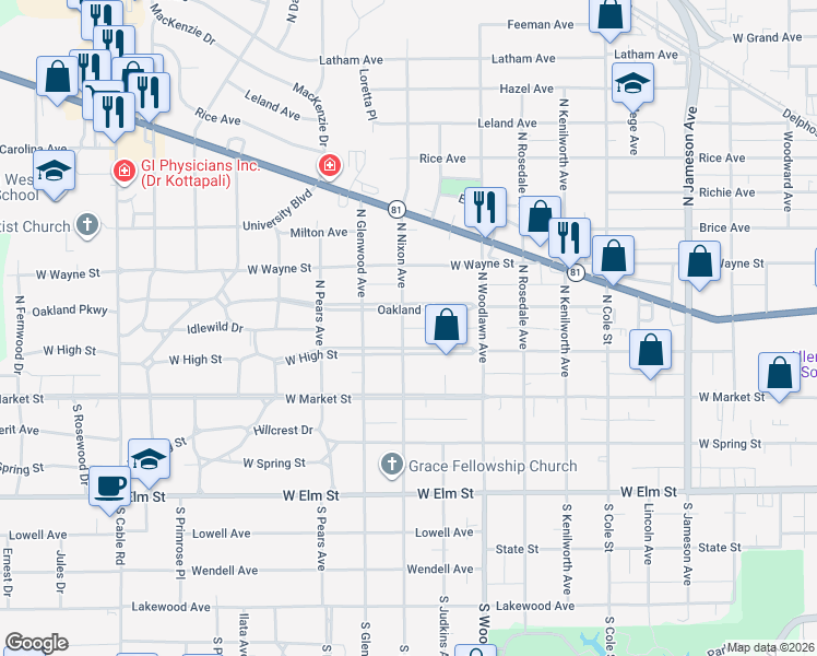 map of restaurants, bars, coffee shops, grocery stores, and more near 1558 West High Street in Lima