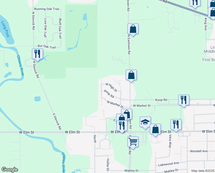 map of restaurants, bars, coffee shops, grocery stores, and more near 2960 Koop Road in Lima