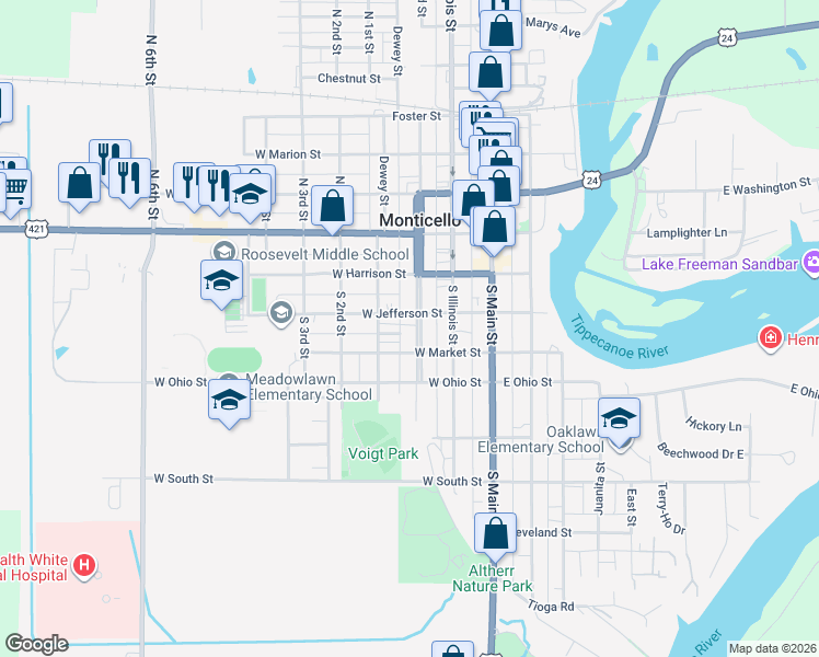 map of restaurants, bars, coffee shops, grocery stores, and more near S Railroad St E in Monticello