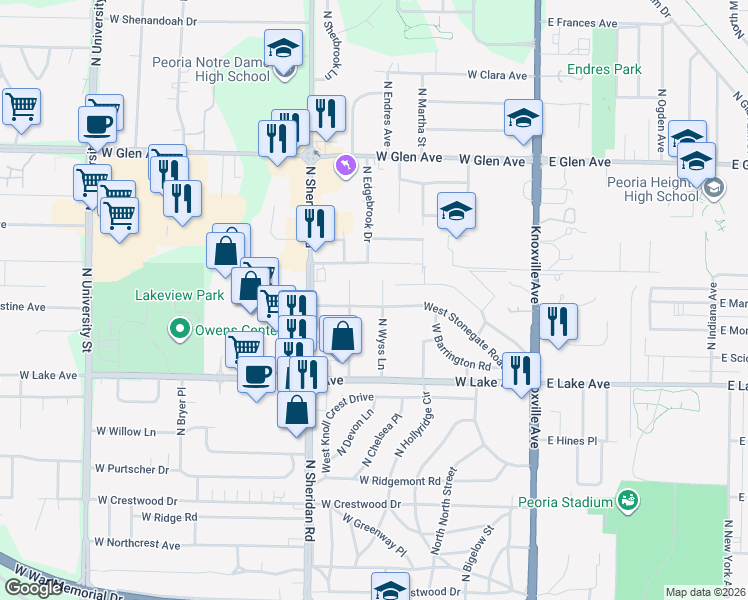 map of restaurants, bars, coffee shops, grocery stores, and more near 4418 N Pleasant Ridge Ct in Peoria