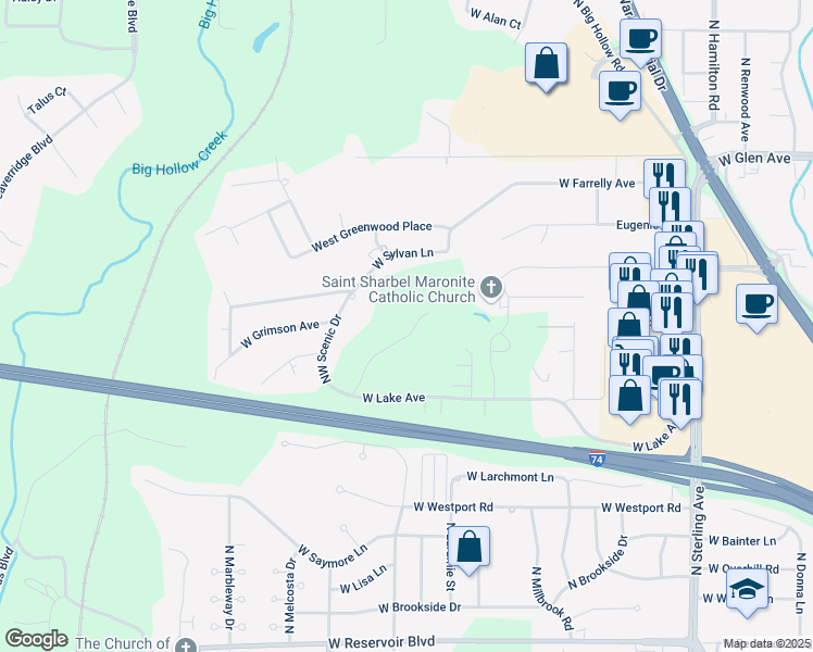 map of restaurants, bars, coffee shops, grocery stores, and more near 4428 Northeast Scenic Drive in Peoria
