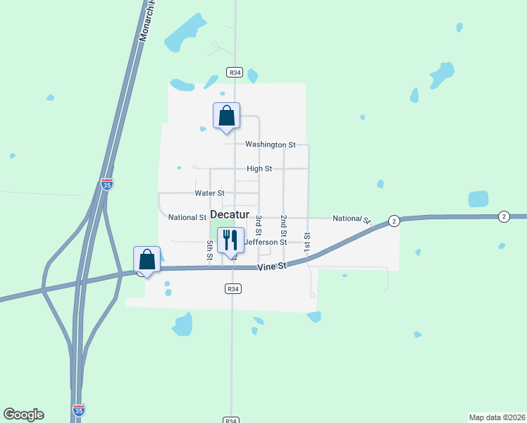 map of restaurants, bars, coffee shops, grocery stores, and more near 301-347 National Street in Decatur City