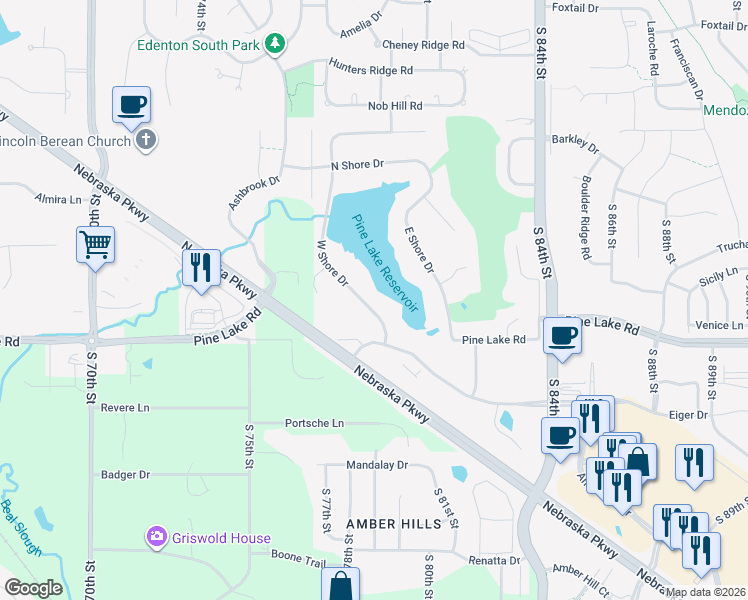 map of restaurants, bars, coffee shops, grocery stores, and more near 6611 West Shore Drive in Lincoln